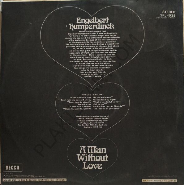 ENGELBERT HUMPERDINCK, A MAN WITHOUT LOVE 1968 LP PLAK