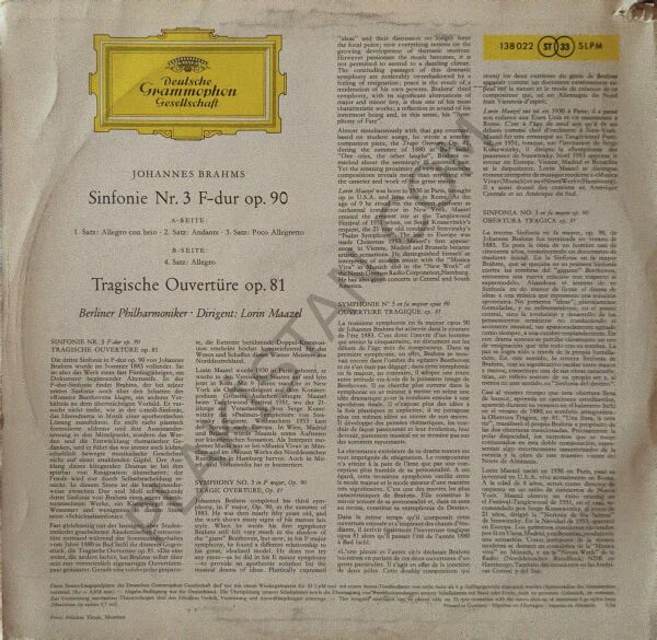 Johannes Brahms, Lorin Maazel, Berliner Philharmoniker – Sinfonie Nr. 3 F-Dur Op. 90 - Tragische Ouvertüre Op. 81 LP PLAK