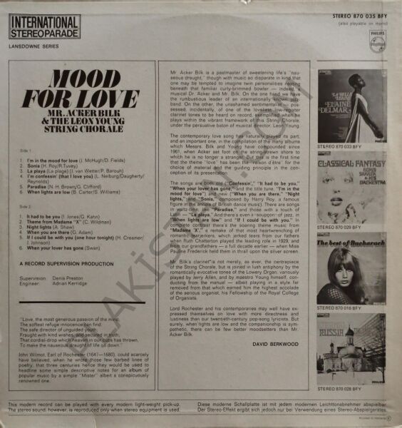 Mr. Acker Bilk - with The Leon Young String Chorale – Mood For Love LP PLAK