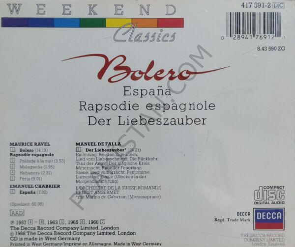 Boléro, España, Rapsodie Espagnole, L'Amour Sorcier CD