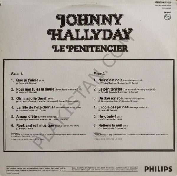 Johnny Hallyday – Le Penitencier = The House Of The Rising Sun LP PLAK