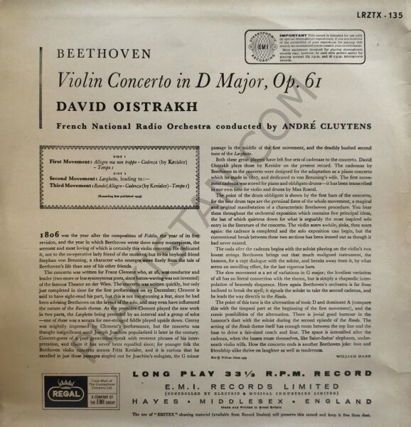 Beethoven Vıolın cancerto LP PLAK