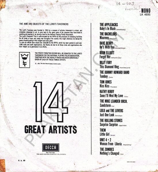 14 Great Artists LP PLAK ( Rollıng Stones - The Bachelors - Tom Jones - The Zombies - Them- Lulu  +++ )