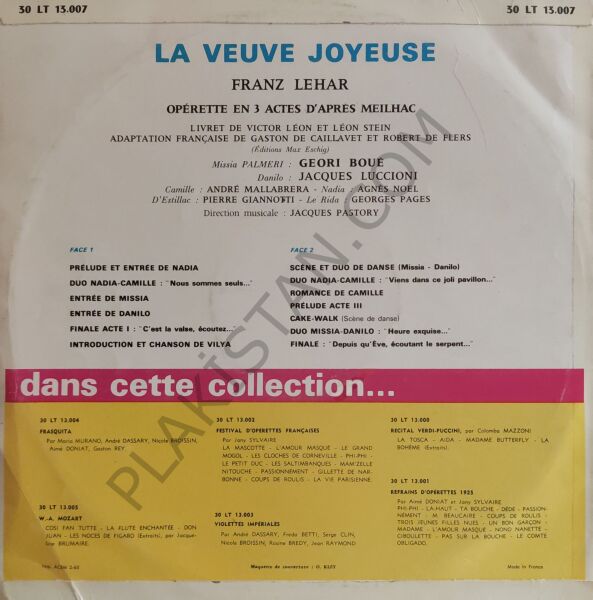 Franz Lehar* / Geori Boué, Jacques Luccioni – La Veuve Joyeuse LP PLAK