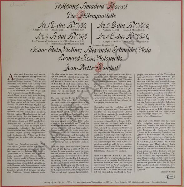 Wolfgang Amadeus Mozart - Isaac Stern / Alexander Schneider / Leonard Rose / Jean-Pierre Rampal – Die Flötenquartette: Nr. 1 D-dur KV 285, Nr. 2 G-dur KV 285a, Nr. 3 C-dur KV 285b, Nr. 4 A-dur KV 298 LP PLAK