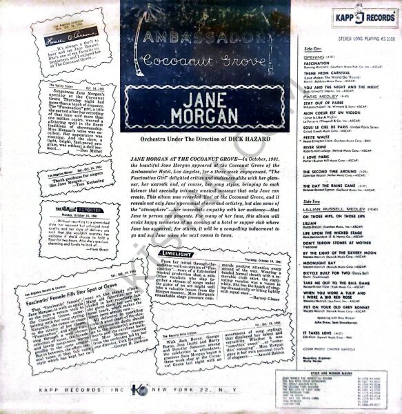 Jane Morgan At The Cocoanut Grove LP PLAK