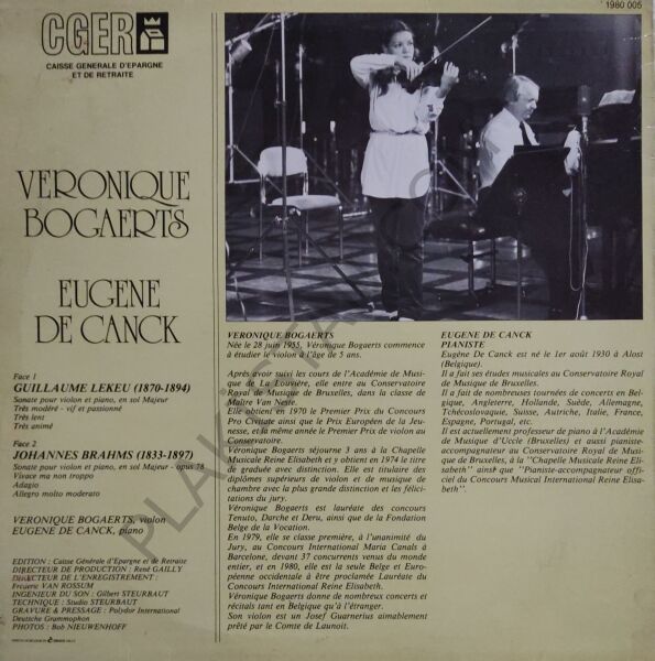 Véronique Bogaerts, Eugene De Canck – Guillaume Lekeu / Johannes Brahms – Sonate Voor Viool En Piano / Sonate Voor Viool En Piano Nr 1 LP PLAK