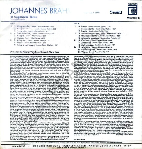 Johannes Brahams 21 Ungarische Volksoper LP PLAK