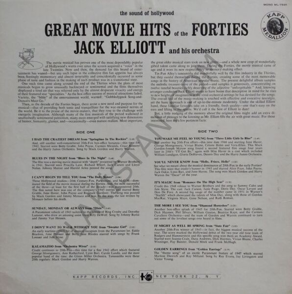 GREAT MOVIE HITS OF THE FORTIES 33 VINYL LP EX - JACK ELIOTT AND HIS ORCHESTRA LP PLAK