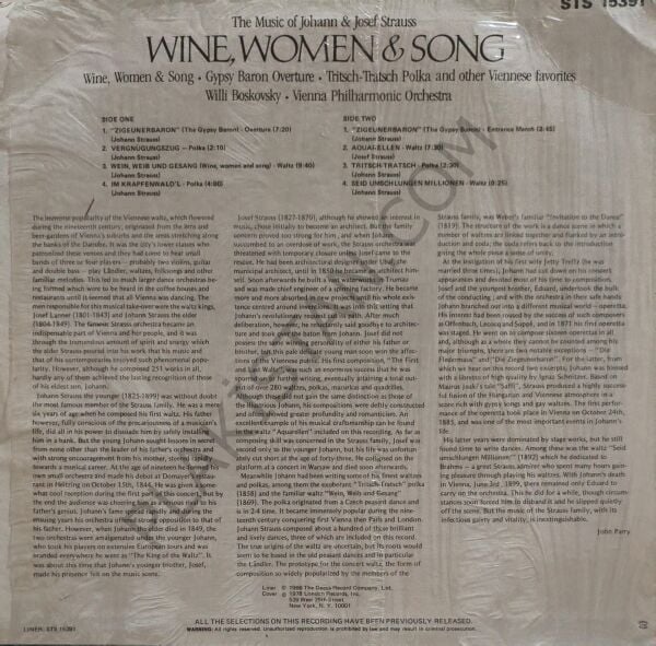 Willi Boskovsky, Vienna Philharmonic Orchestra* – Wine, Women & Song LP PLAK