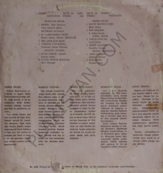 Gönül Akkor, Müzeyyen Senar, Mediha Demirkıran, Hamiyet Yüceses, Nesrin Sipahi – LP PLAK