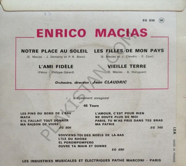 ENRICO MACIAS -NOTRE PLACE AU SOLEIL/L'AMI FIDELE 4 ŞARKI EP PLAK