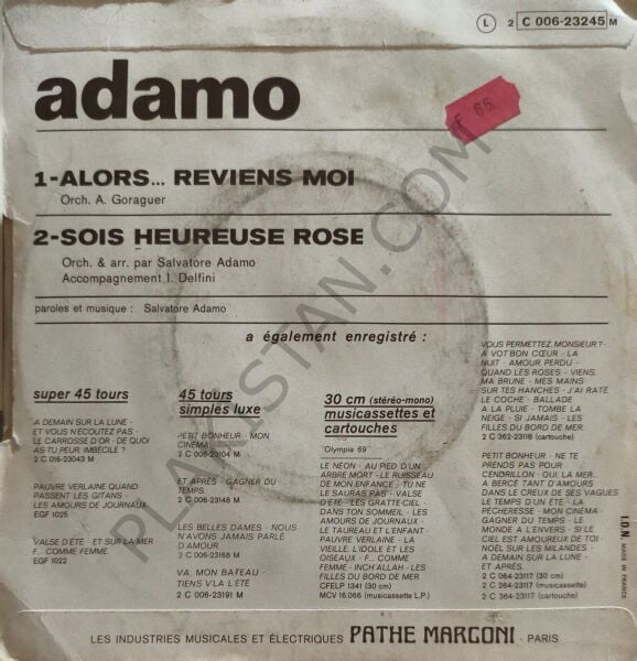 Adamo – Alors... Reviens-Moi / Sois Heureuse Rose 45 LİK PLAK