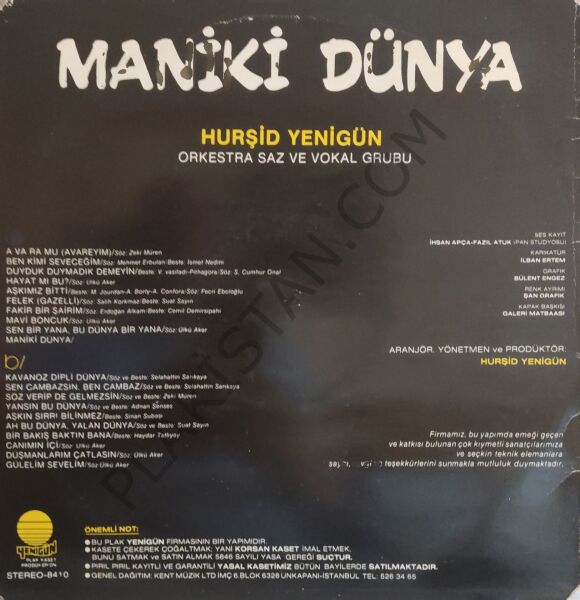 Hurşid Yenigün Orkestra Saz Ve Vokal Grubu Maniki Dünya LP