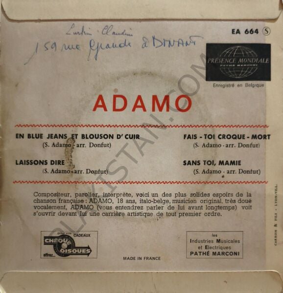 Adamo – En Blue Jeans Et Blouson D'cuir 4 ŞARKI EP PLAK