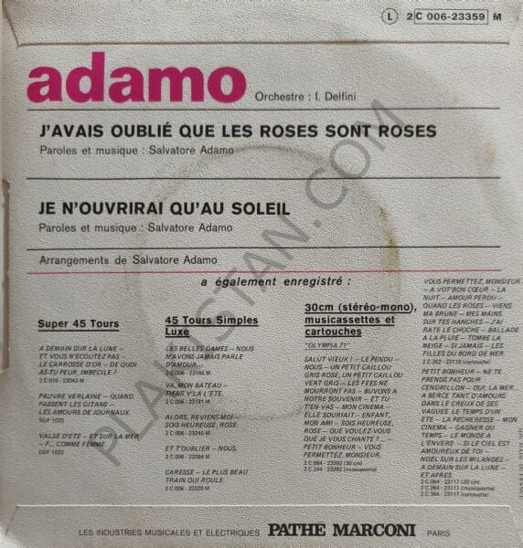 Adamo – J'avais Oublié Que Les Roses Sont Roses / Je N'ouvrirai Qu'au Soleil 45 LİK  PLAK