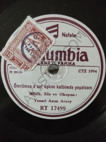 Yaseri Asım Arsoy - Aşkım Yeniköy Sahilli Deryasını Sardı - 78 devir taş plak
