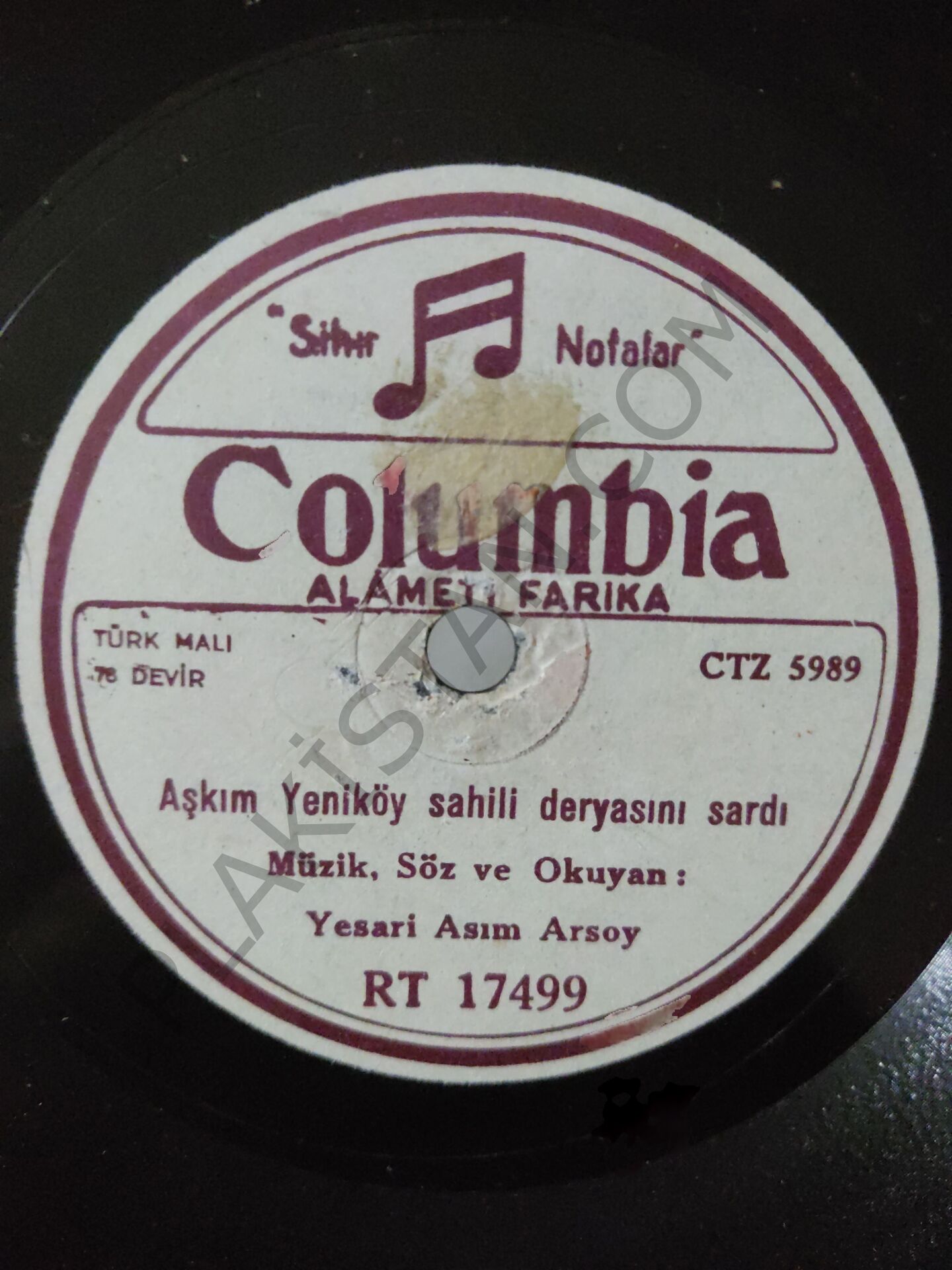 Yaseri Asım Arsoy - Aşkım Yeniköy Sahilli Deryasını Sardı - 78 devir taş plak