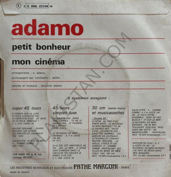 ADAMO PETIT BONHEUR MON CINEMA 45 LİK PLAK