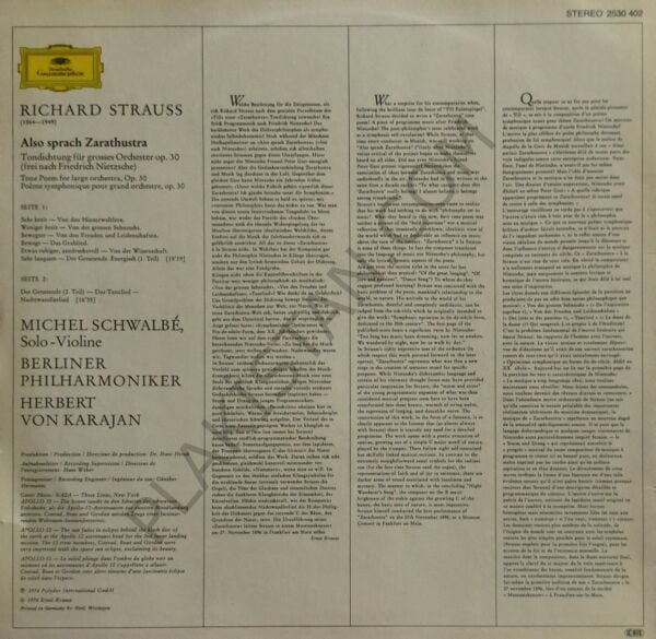 Richard Strauss / Herbert von Karajan, Berliner Philharmoniker, Michel Schwalbé – Also Sprach Zarathustra, Op. 30 LP PLAK