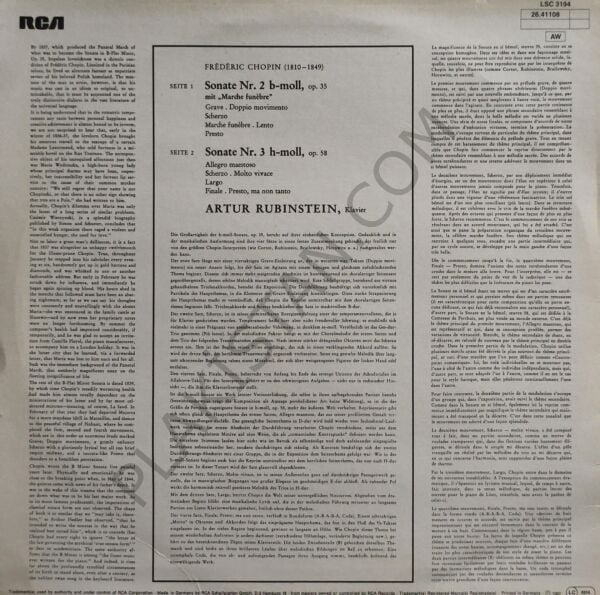 Artur Rubinstein* – Chopin Sonatas ''Funeral March'' and B Minor LP PLAK