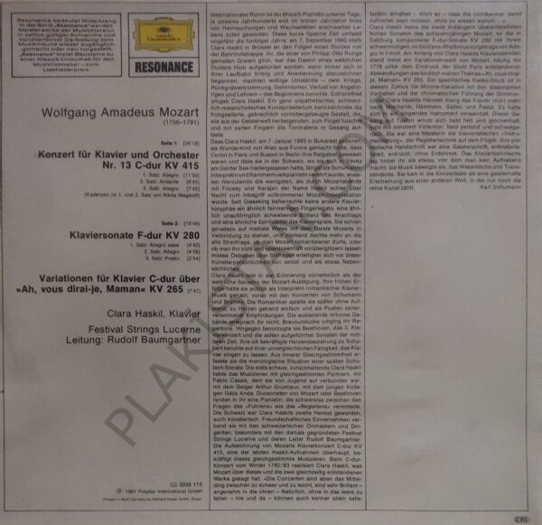 Clara Haskil Joue Mozart LP PLAK