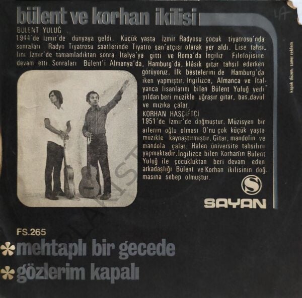 Bülent ve Korhan İkilisi & Mehtaplı Bir Gecede & Gözlerim Kapalı 45 LİK PLAK