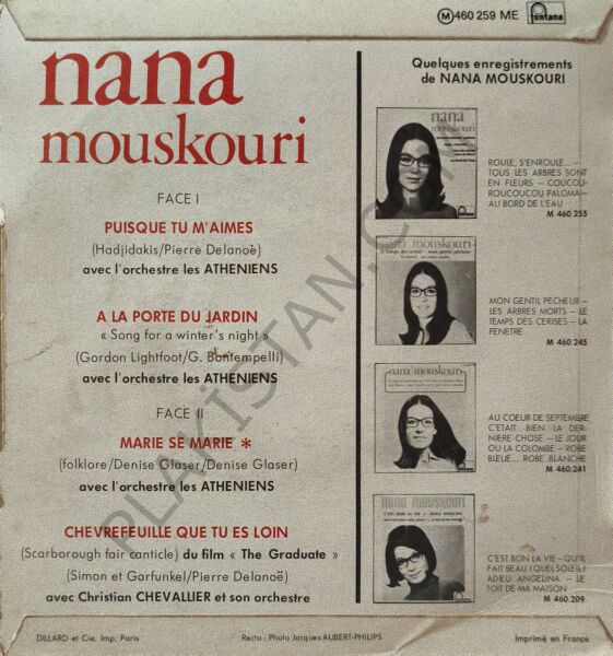 Nana Mouskouri ‎-Puisque Tu M'aimes- 7'' EP 45 France, Fontana