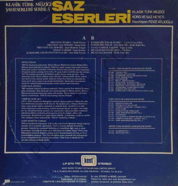Klasik Türk Müziği Şaheserleri Serisi: 5 Saz Eserleri LP PLAK