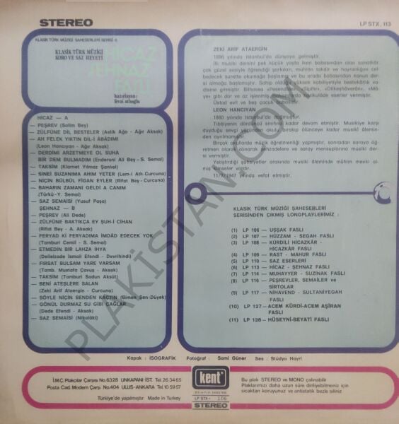 Klasik Türk Müziği Koro Ve Saz Heyeti Hicaz Şehnaz Faslı LP PLAK